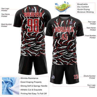 Custom Black Red-White Curved And Wavy Lines Sublimation Soccer Uniform Jersey