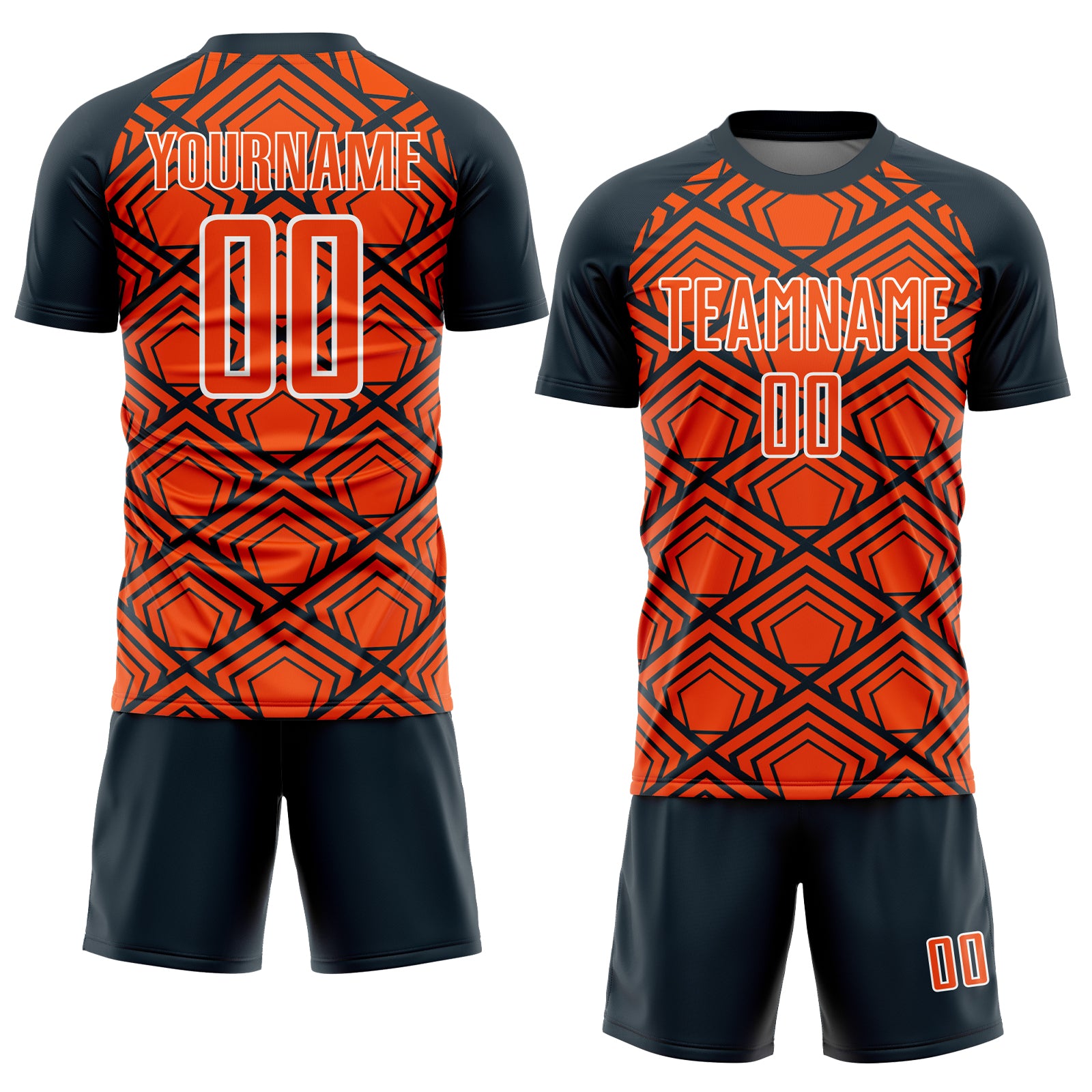 Custom Orange Navy-White Geometric Pattern Sublimation Soccer Uniform Jersey