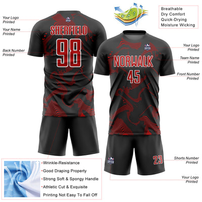 Custom Black Red-White Curve Lines Sublimation Soccer Uniform Jersey