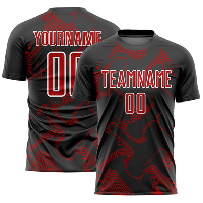 Custom Black Red-White Curve Lines Sublimation Soccer Uniform Jersey