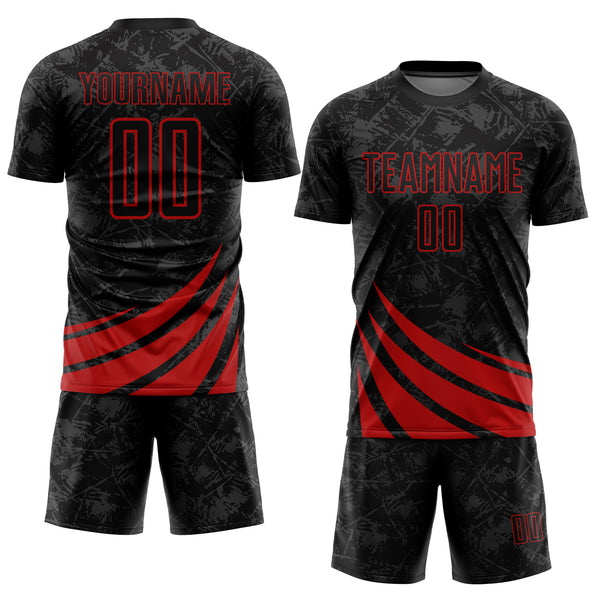 Custom Black Red Wind Shapes Sublimation Soccer Uniform Jersey - Fansidea