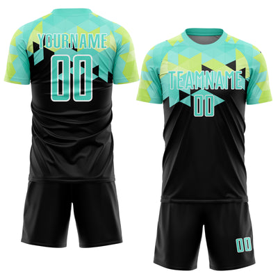 Custom Black Pea Green-White Geometric Shapes Sublimation Soccer Uniform Jersey