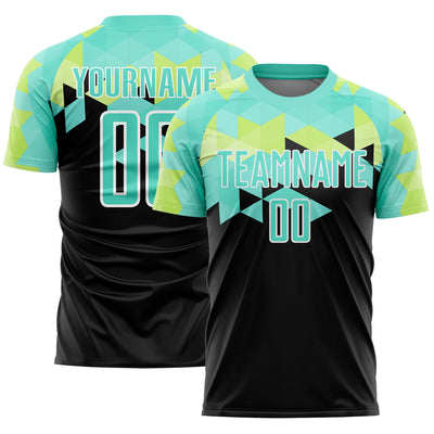 Custom Black Pea Green-White Geometric Shapes Sublimation Soccer Uniform Jersey