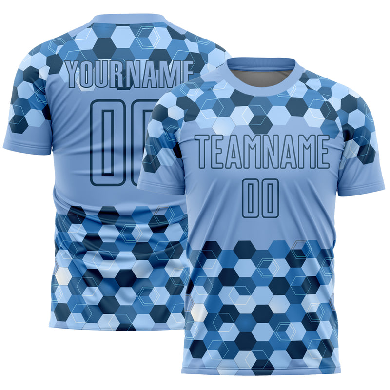 Custom Light Blue Black Geometric Shapes Sublimation Soccer Uniform ...
