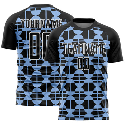 Custom Black Light Blue-White Geometric Shapes Sublimation Soccer Uniform Jersey