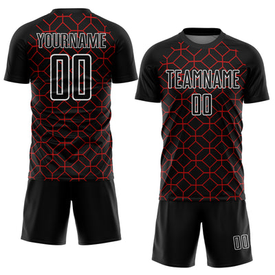 Custom Black Red-White Geometric Shapes Sublimation Soccer Uniform Jersey