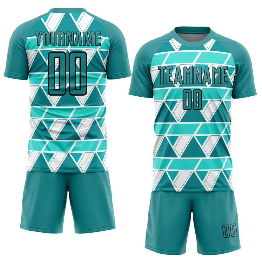 Custom Teal White-Black Geometric Shapes Sublimation Soccer Uniform Jersey