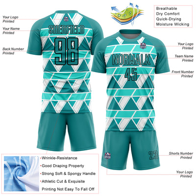 Custom Teal White-Black Geometric Shapes Sublimation Soccer Uniform Jersey