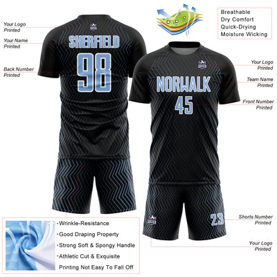 Custom Black Light Blue-White Geometric Lines Sublimation Soccer Uniform Jersey