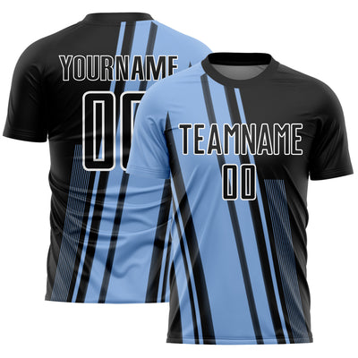 Custom Light Blue Black-White Lines Sublimation Soccer Uniform Jersey