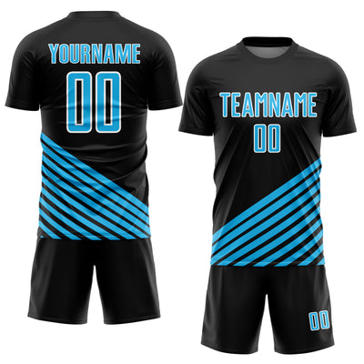 Custom Black Sky Blue-White Lines Sublimation Soccer Uniform Jersey