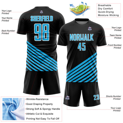 Custom Black Sky Blue-White Lines Sublimation Soccer Uniform Jersey