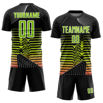 Custom Black Neon Green-White Lines Sublimation Soccer Uniform Jersey