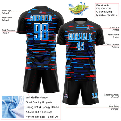 Custom Black Sky Blue-White Lines Sublimation Soccer Uniform Jersey