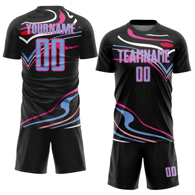 Custom Black Light Blue-Pink Fluid Shapes Sublimation Soccer Uniform Jersey