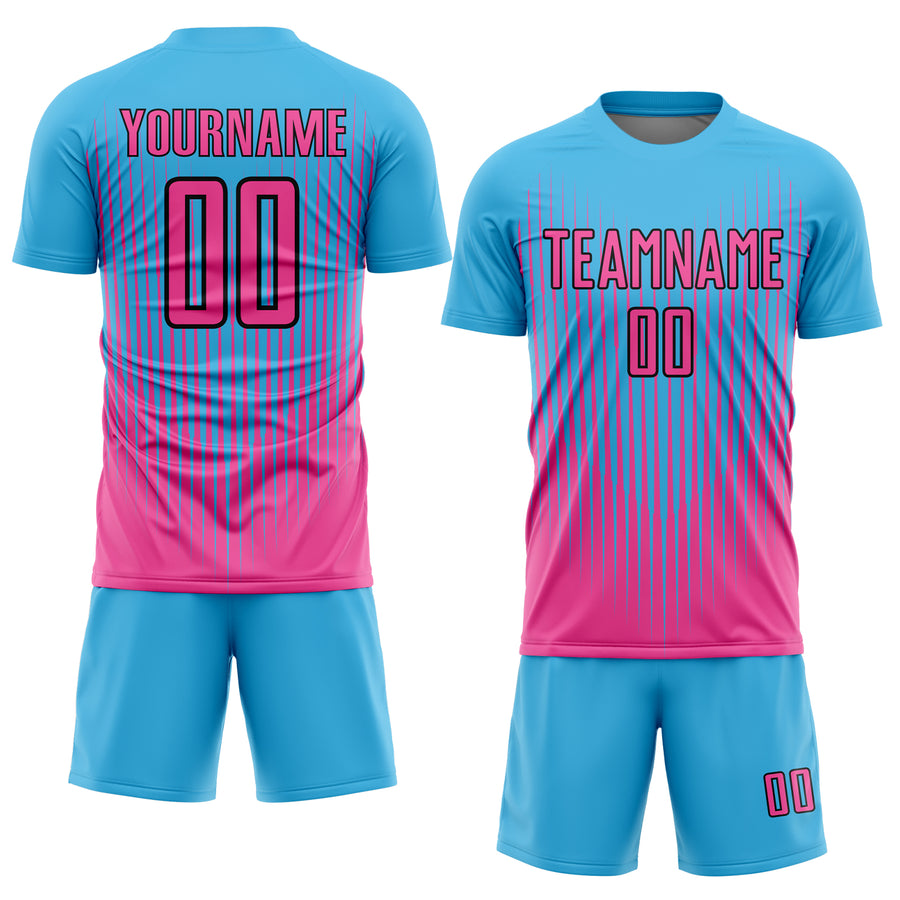 Custom Sky Blue Pink-Black Lines Sublimation Soccer Uniform Jersey