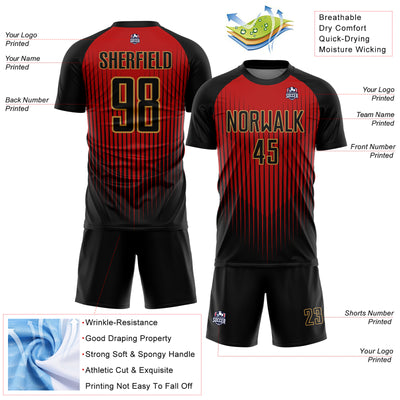 Custom Black Red-Old Gold Lines Sublimation Soccer Uniform Jersey