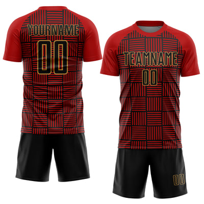 Custom Red Black-Old Gold Lines Sublimation Soccer Uniform Jersey