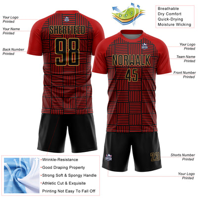 Custom Red Black-Old Gold Lines Sublimation Soccer Uniform Jersey