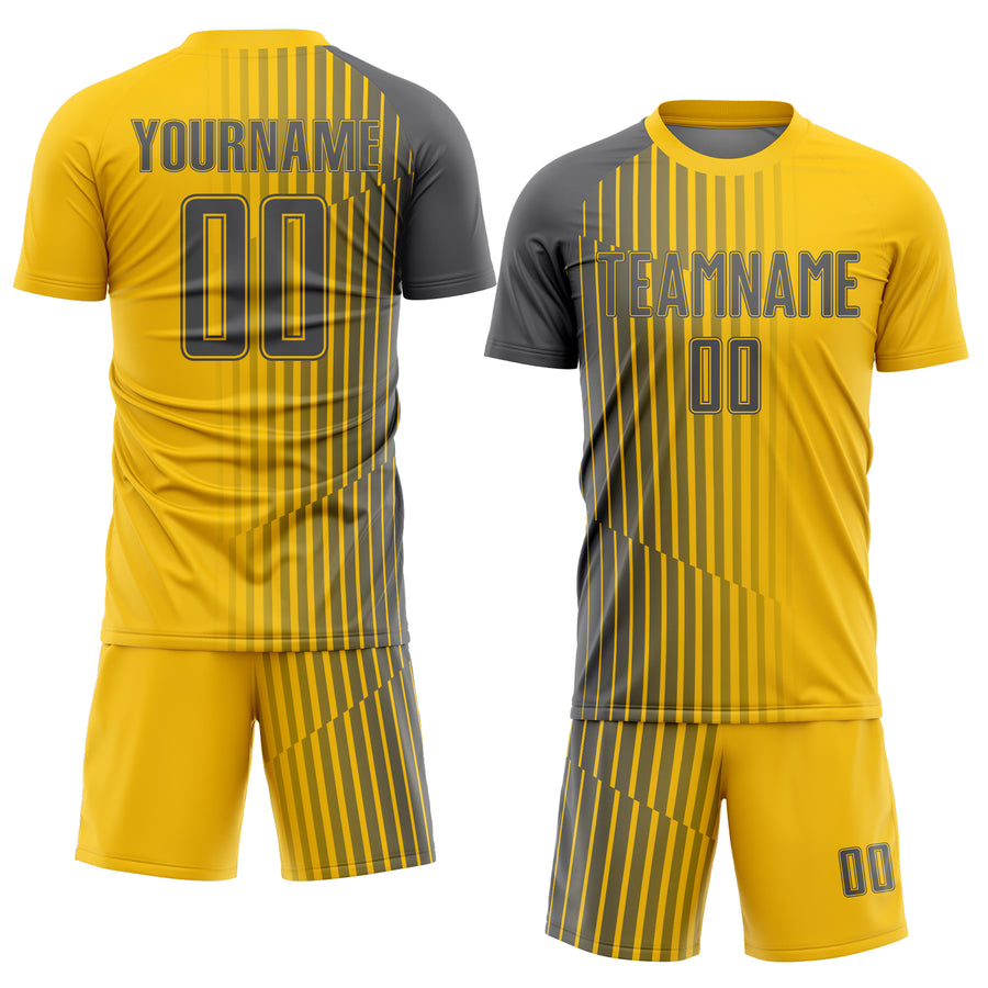 Custom Yellow Steel Gray Lines Sublimation Soccer Uniform Jersey