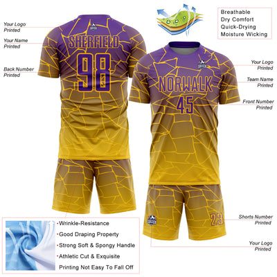 Custom Gold Purple Lines Sublimation Soccer Uniform Jersey