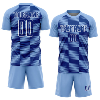 Custom Light Blue Royal-White Lines Sublimation Soccer Uniform Jersey