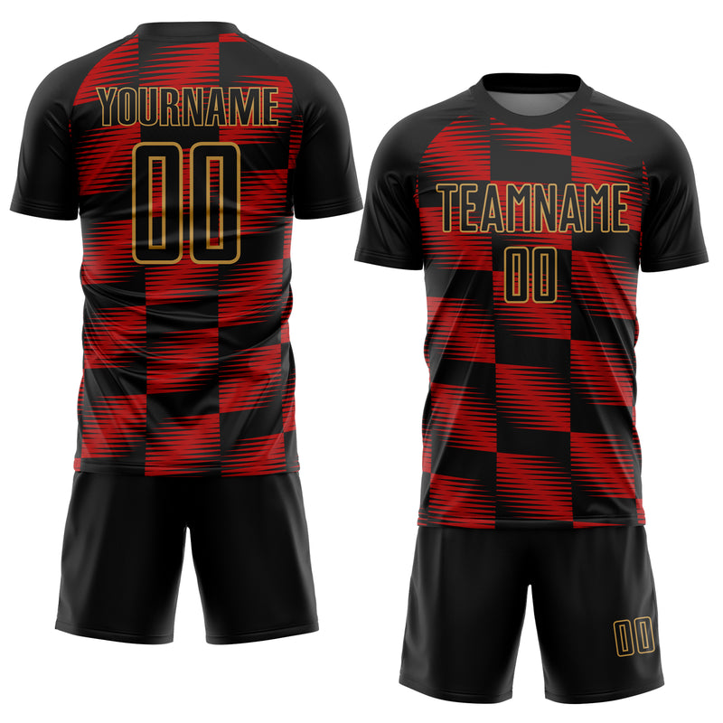 Custom Black Red-Old Gold Lines Sublimation Soccer Uniform Jersey ...
