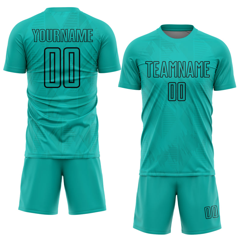 Custom Aqua Black Geometric Shapes Sublimation Soccer Uniform Jersey ...