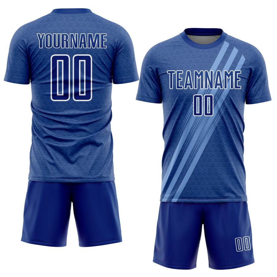 Custom Royal White Diagonal Lines Sublimation Soccer Uniform Jersey