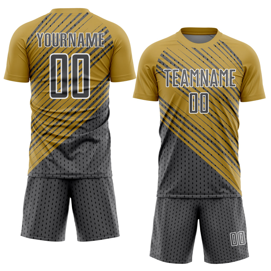 Custom Old Gold Steel Gray White Diagonal Lines Sublimation Soccer Uniform Jersey