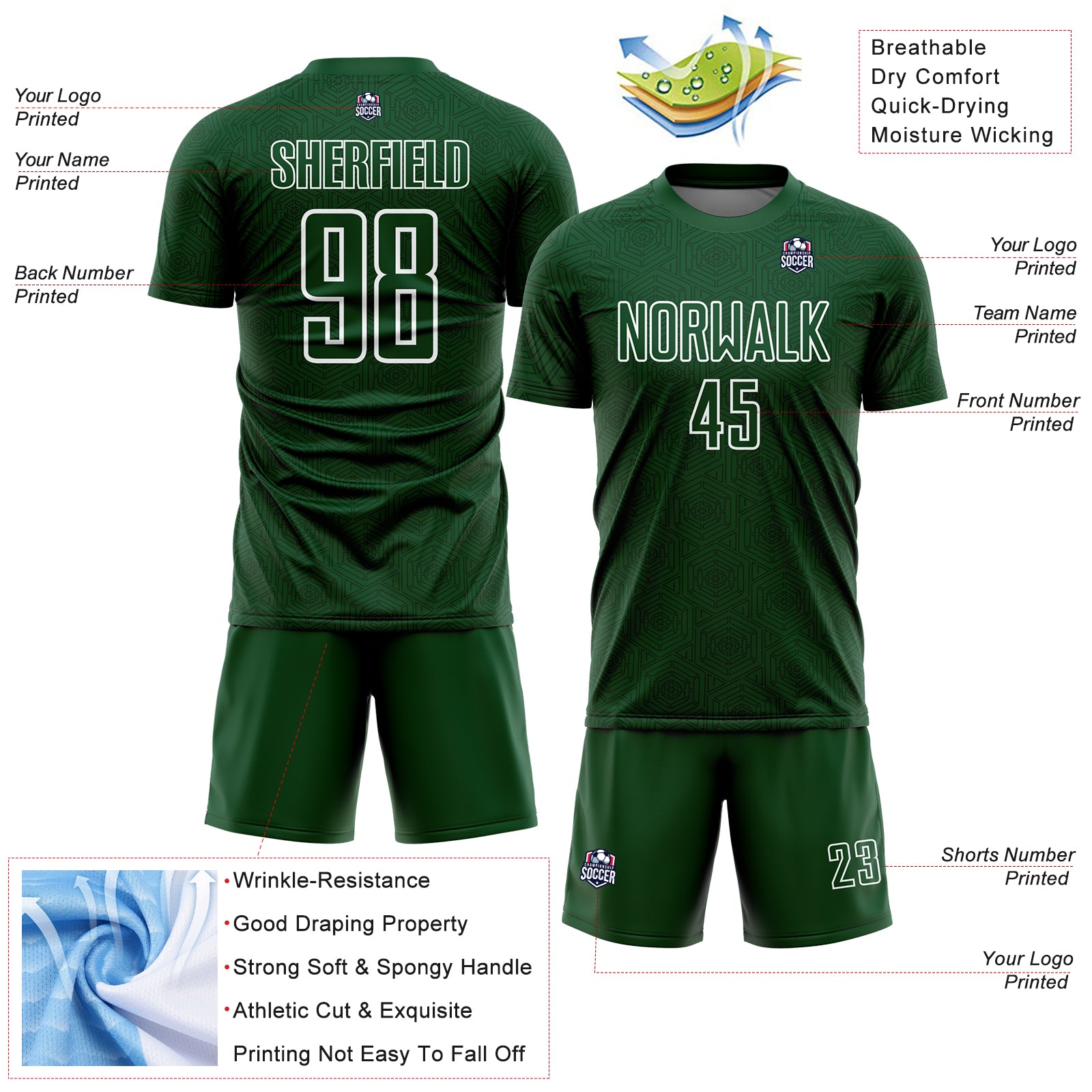 Custom Green White Geometric Shapes Sublimation Soccer Uniform Jersey