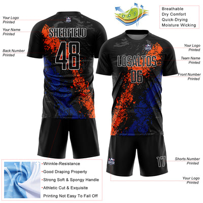 Custom Black Orange-Royal Dripping Splatter Art Sublimation Soccer Uniform Jersey