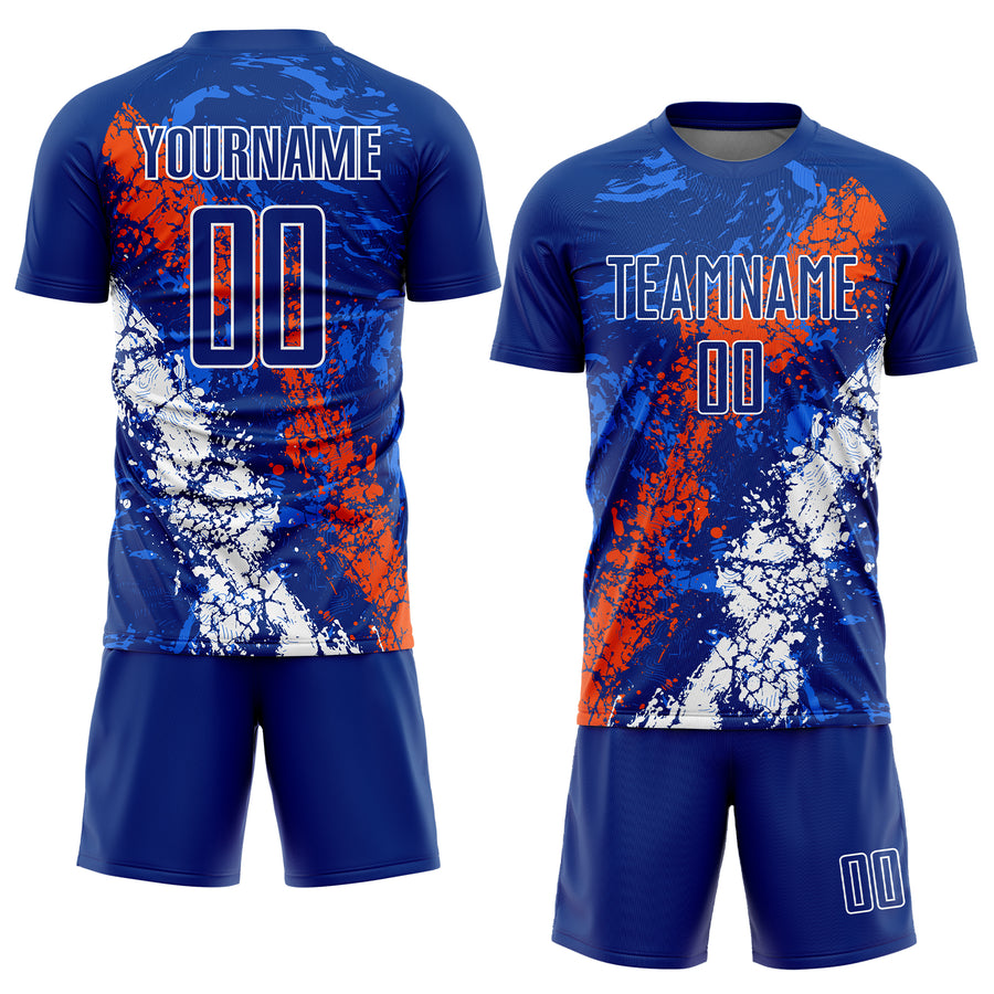 Custom Royal Orange-White Dripping Splatter Art Sublimation Soccer Uniform Jersey