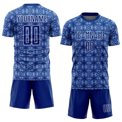 Custom Royal Light Blue-White Geometric Shapes Sublimation Soccer Uniform Jersey