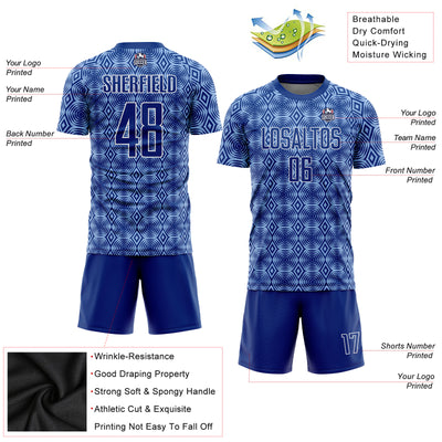 Custom Royal Light Blue-White Geometric Shapes Sublimation Soccer Uniform Jersey