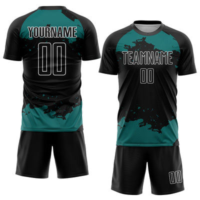 Custom Black Teal-White Abstract Fragment Art Sublimation Soccer Uniform Jersey