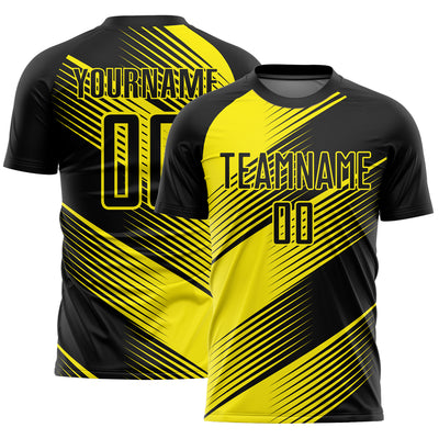 Custom Black Light Yellow Line Sublimation Soccer Uniform Jersey