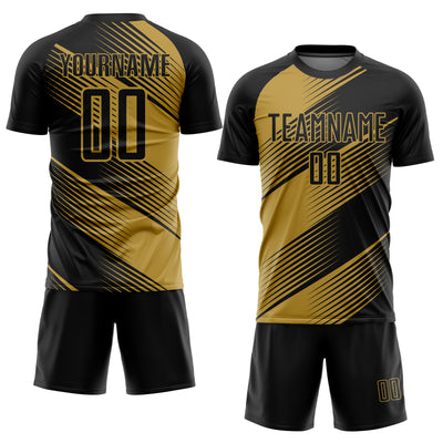 Custom Black Old Gold Line Sublimation Soccer Uniform Jersey