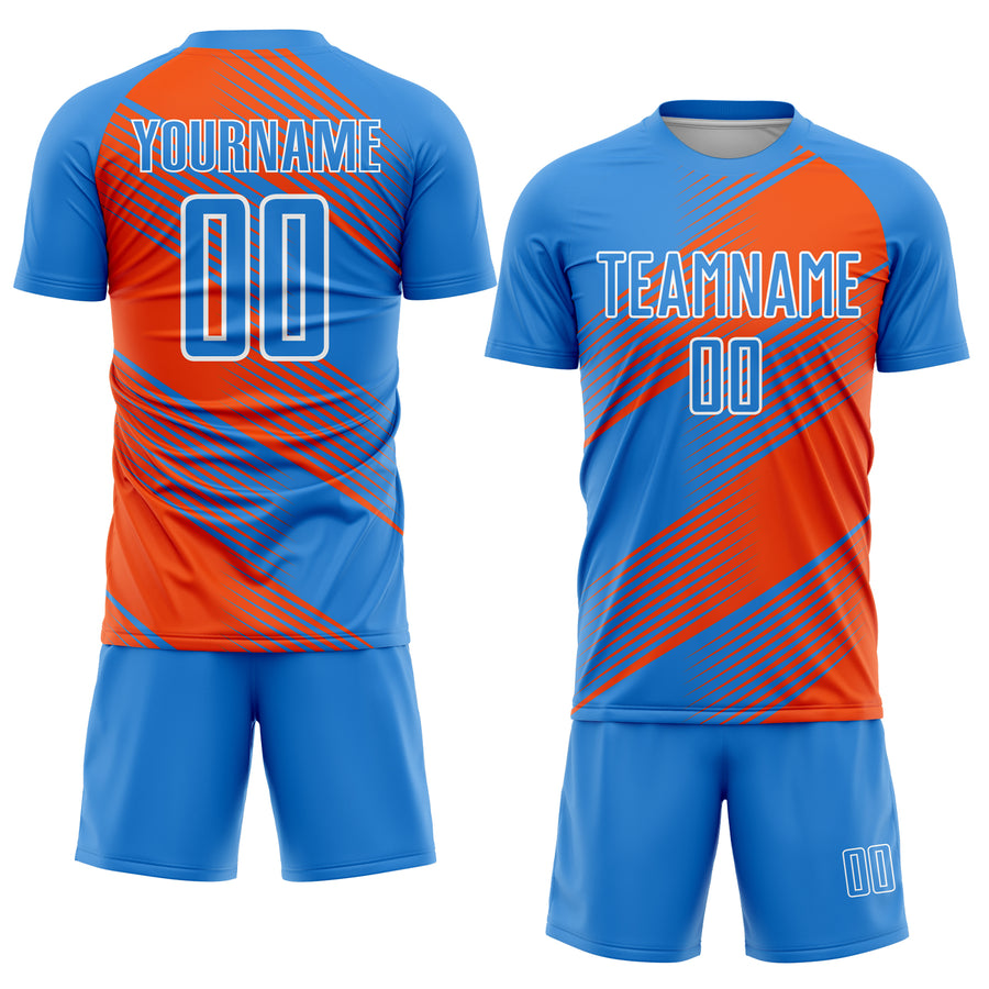 Custom Powder Blue Orange-White Line Sublimation Soccer Uniform Jersey