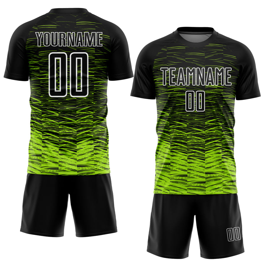 Custom Black Neon Green-White Line Sublimation Soccer Uniform Jersey