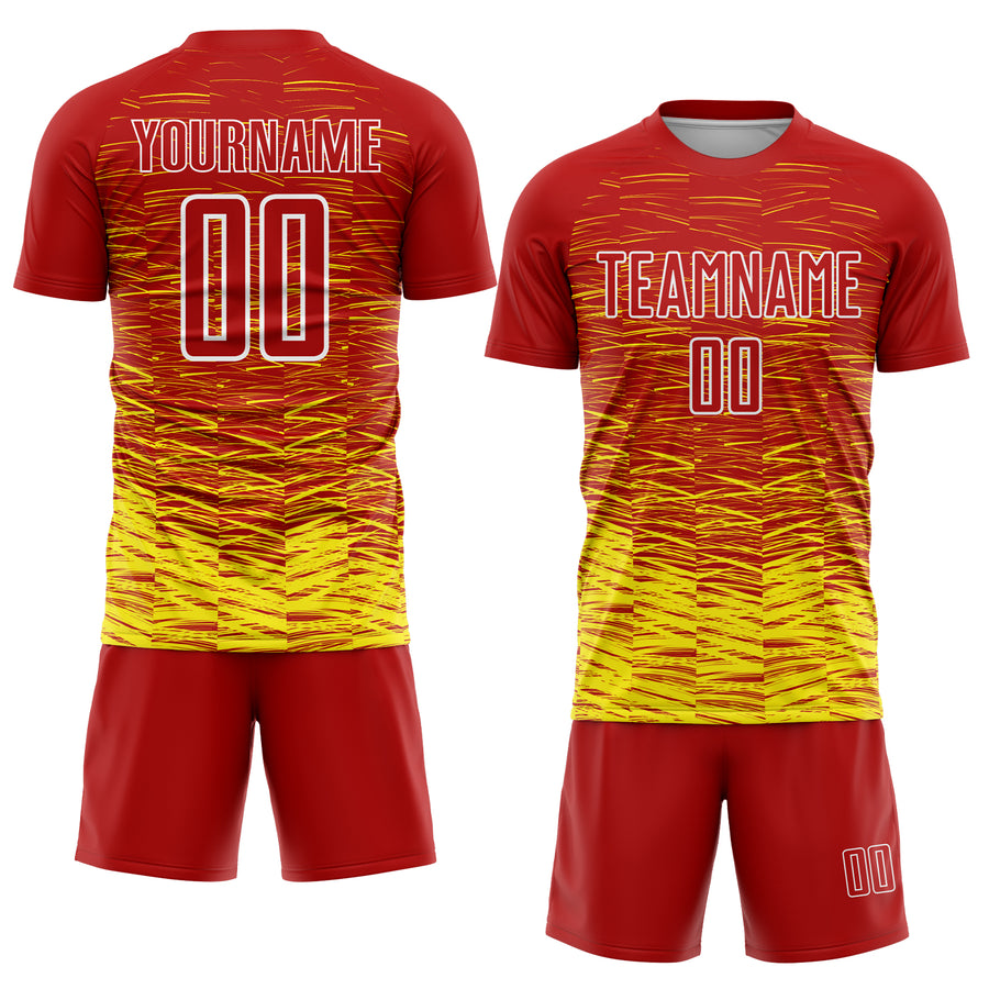 Custom Red Light Yellow-White Line Sublimation Soccer Uniform Jersey