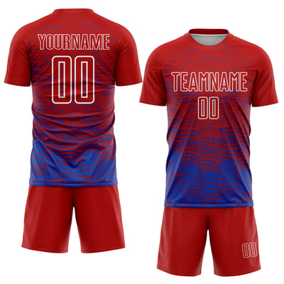 Custom Red Thunder Blue-White Line Sublimation Soccer Uniform Jersey