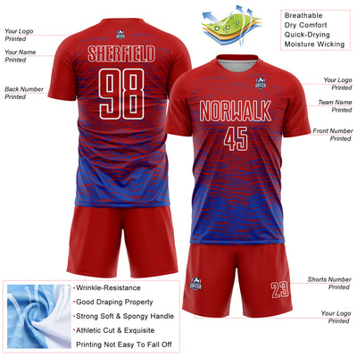 Custom Red Thunder Blue-White Line Sublimation Soccer Uniform Jersey