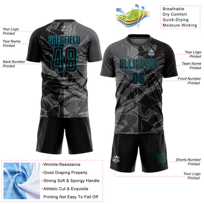 Custom Graffiti Pattern Black Steel Gray-Teal Scratch Sublimation Soccer Uniform Jersey