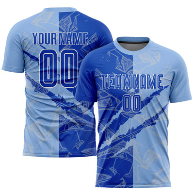 Custom Graffiti Pattern Thunder Blue-Light Blue Scratch Sublimation Soccer Uniform Jersey