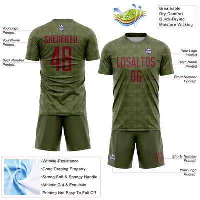 Custom Olive Crimson Geometric Shapes Sublimation Salute To Service Soccer Uniform Jersey