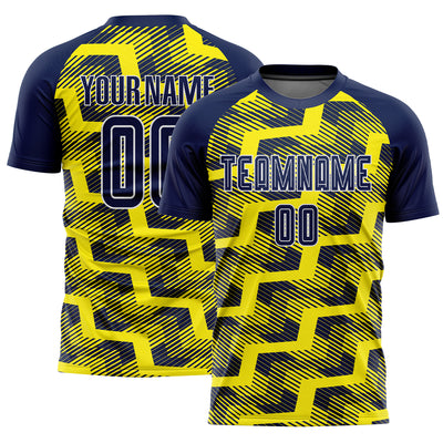 Custom Navy Light Yellow-White Line Sublimation Soccer Uniform Jersey