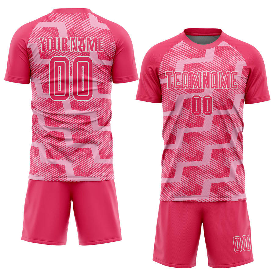 Custom Neon Pink Light Pink-White Line Sublimation Soccer Uniform Jersey