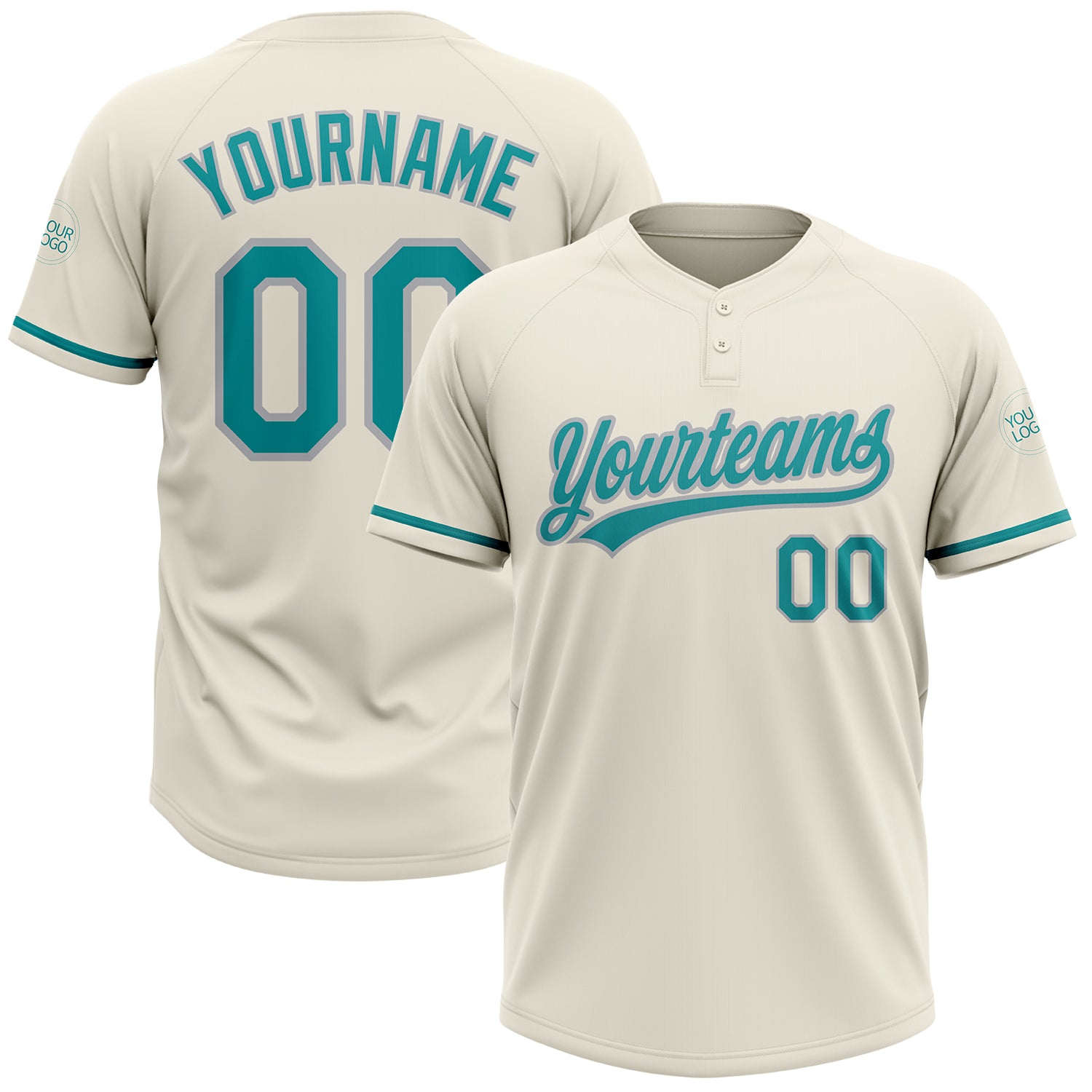 Custom Cream Teal-Gray Two-Button Unisex Softball Jersey