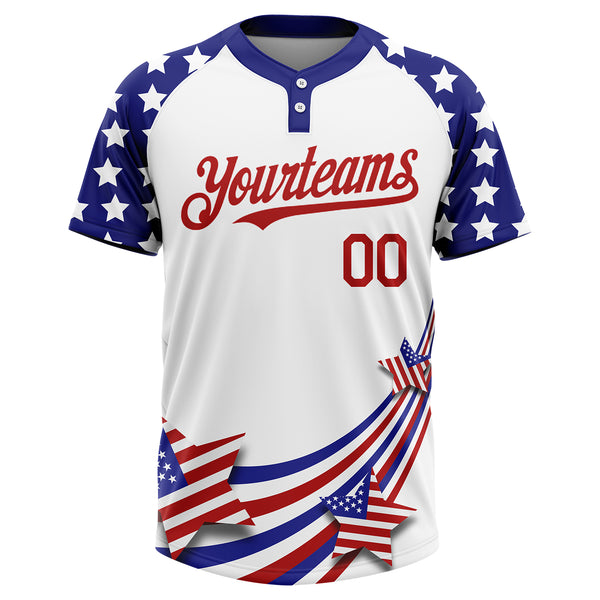Custom Softball Jerseys 4th Of July USA Patriotic American Flag White  Royal-Red Two Button Softball